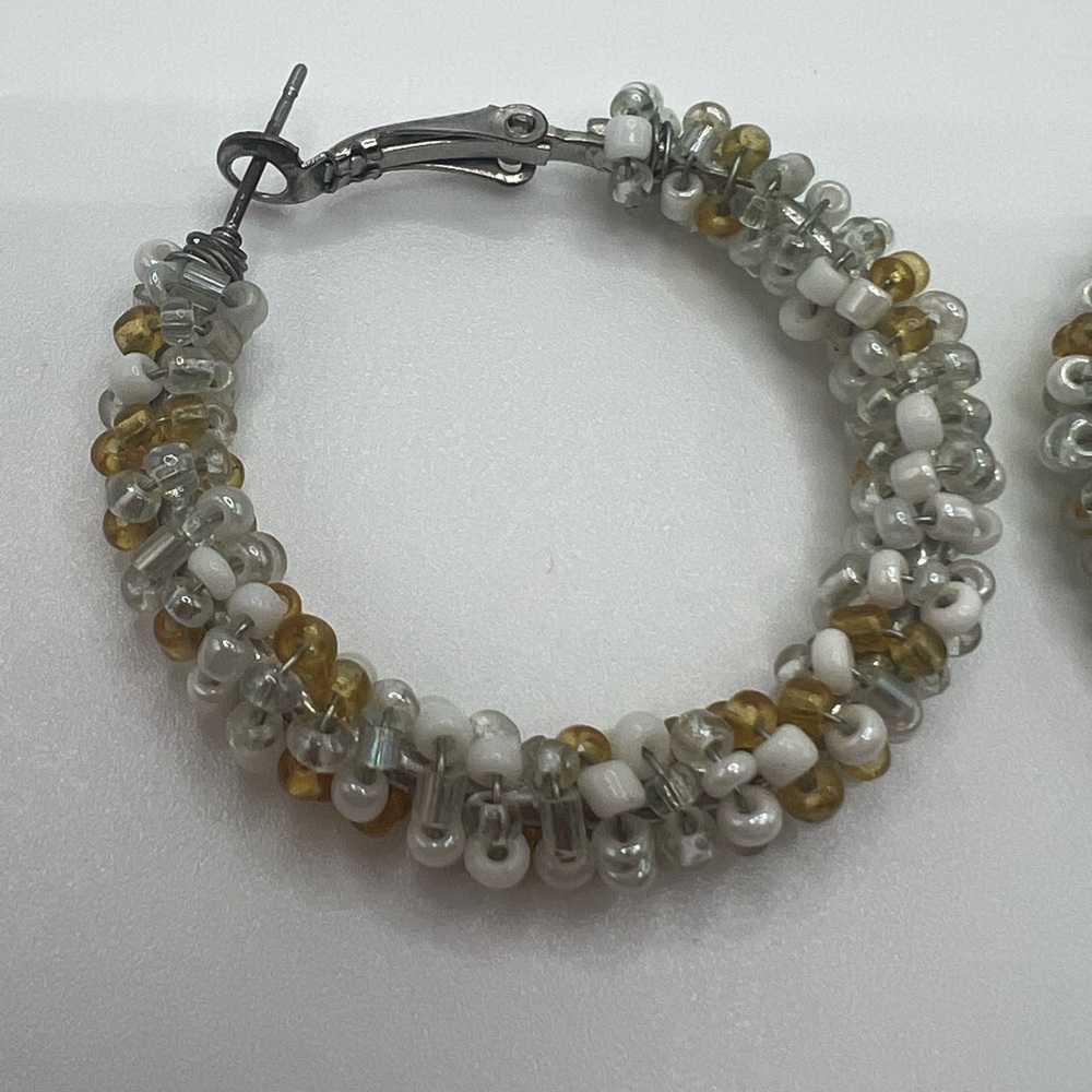 Gold, Clear, White Beaded Hoop Earrings